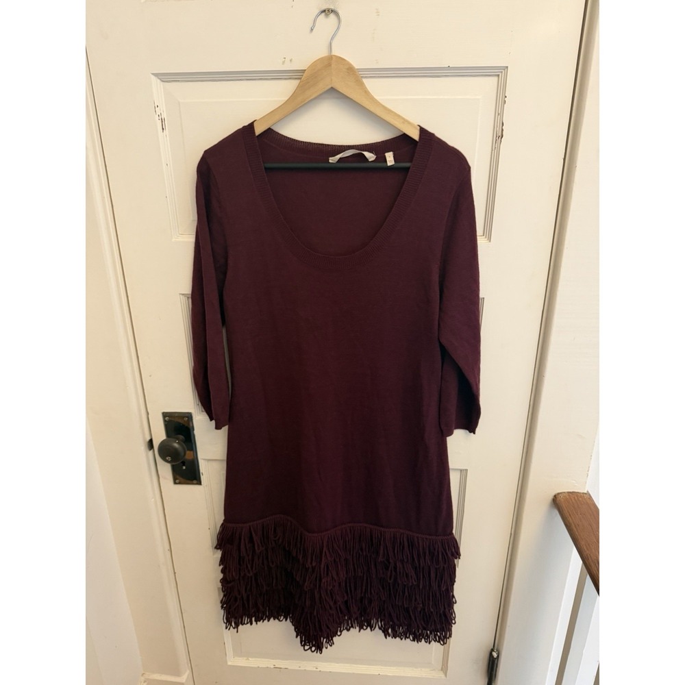 Soft Surroundings Women's Theodora Burgundy‎ Fringe Wool Dress 3/4 Sleeve Large